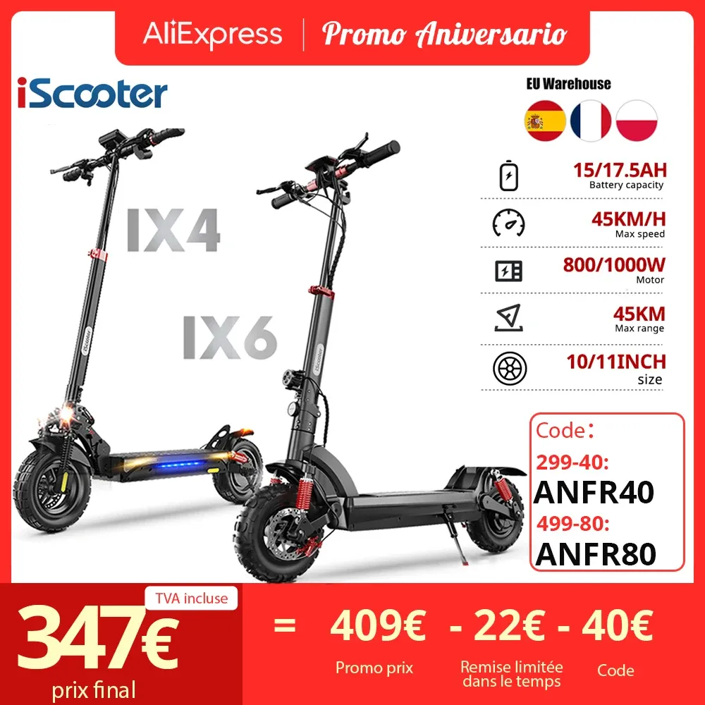 IScooter-Trottinette Électrique Tout-Terrain, 800W/1000W, 10 Pouces/11 Pouces, 40-45km