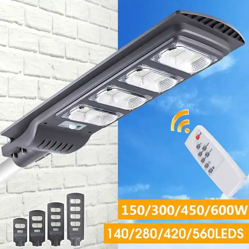 AUGIENB-Lampadaire solaire étanche avec détecteur de mouvement PIR et télécommande, lampe de sécurité pour éclairage extérieur, 560LED, 300W, 450W, 600W