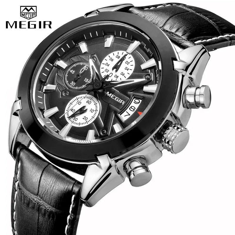 MEGIR-Montre à quartz en cuir véritable pour hommes