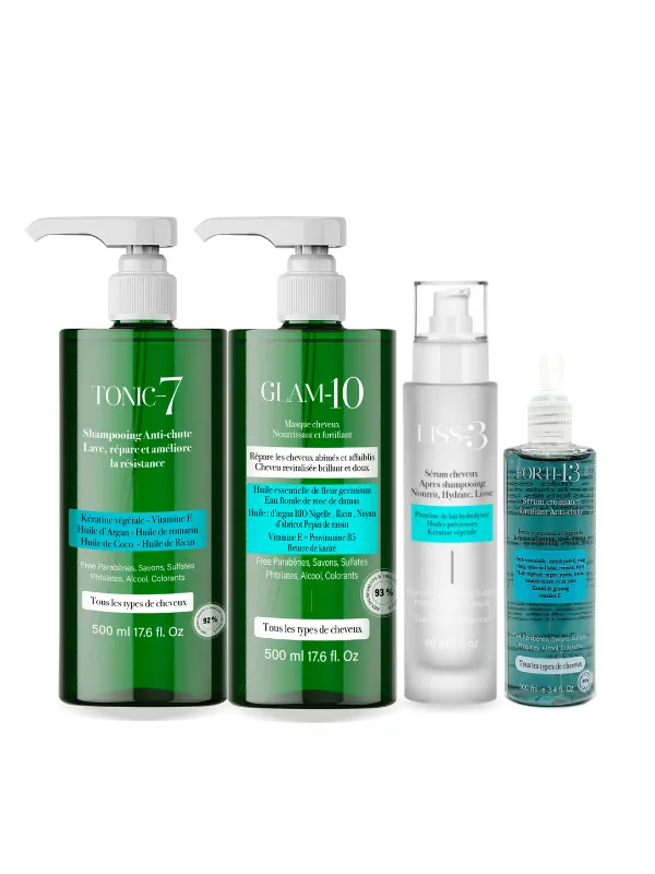 PACK CHEVEUX BRILLANT soin antichute shampoing + masque + serum antichute + serum réparateur