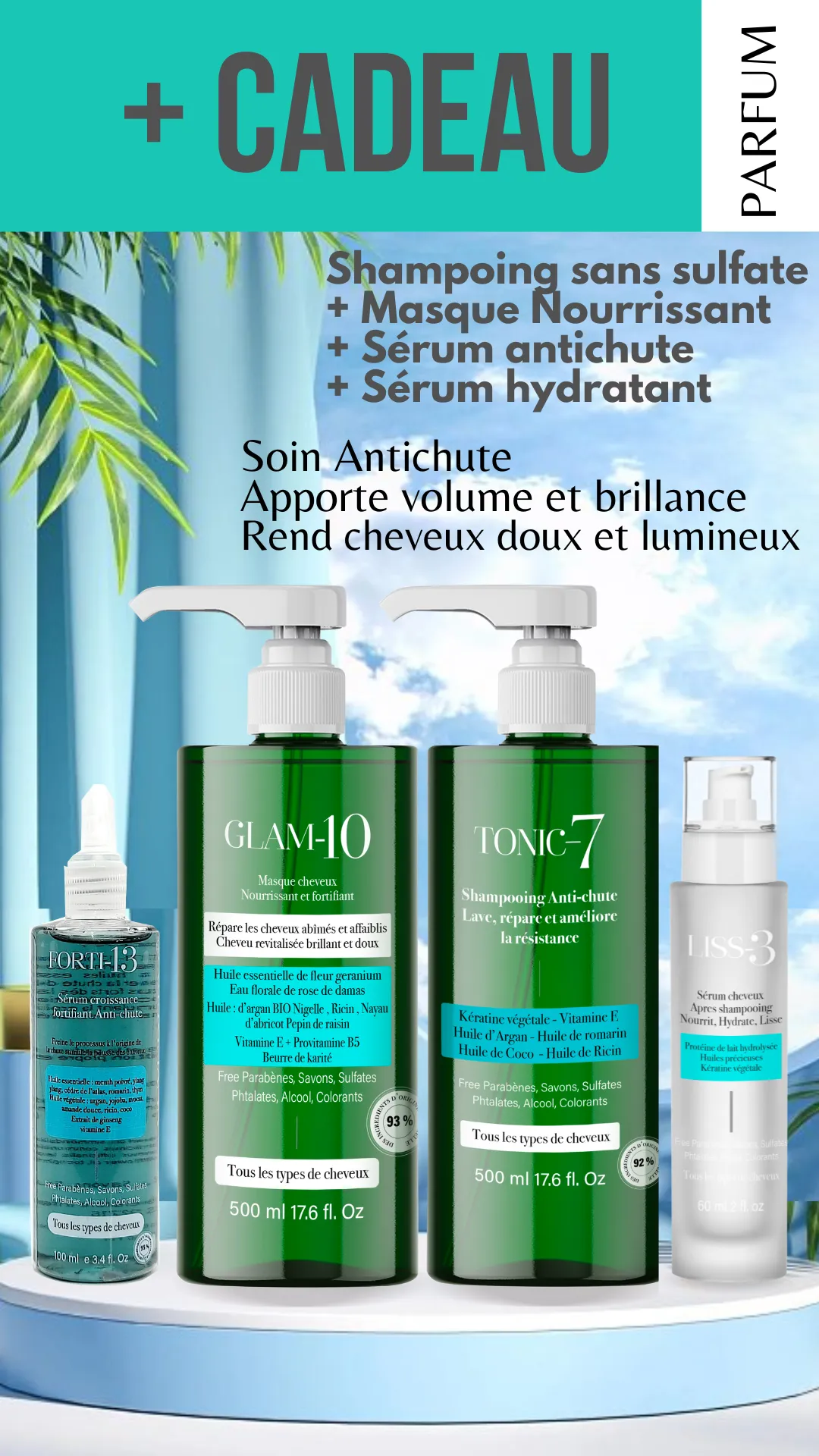 PACK CHEVEUX BRILLANT soin antichute shampoing + masque + serum antichute + serum réparateur