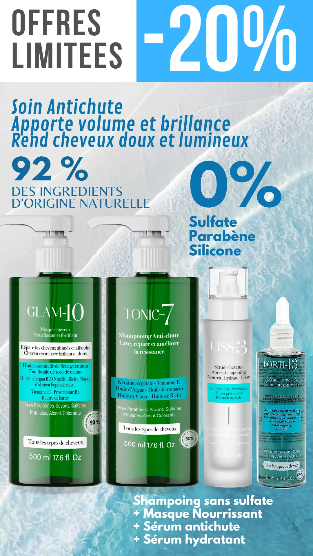 PACK CHEVEUX BRILLANT soin antichute shampoing + masque + serum antichute + serum réparateur