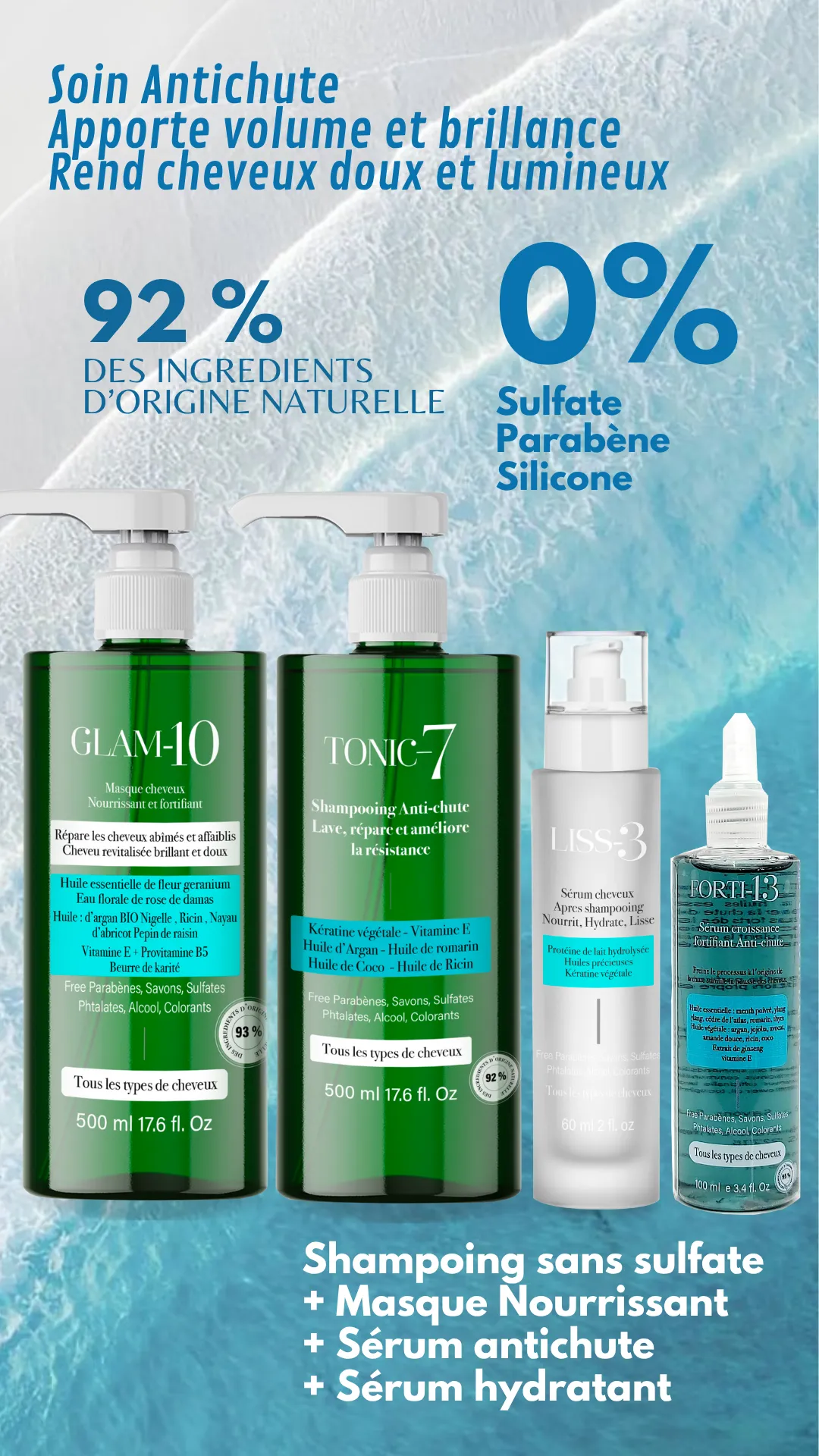 PACK CHEVEUX BRILLANT soin antichute shampoing + masque + serum antichute + serum réparateur