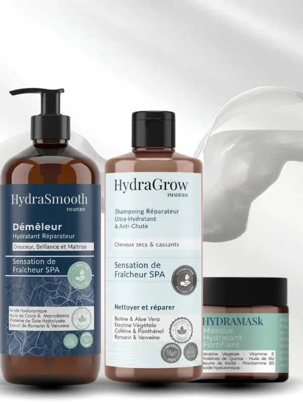 8 - PACK Trio –  Cheveux secs - Shampoing + Demeleur + Masque