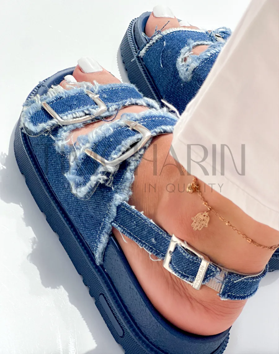 Sandales Denim Effiloché à Boucles