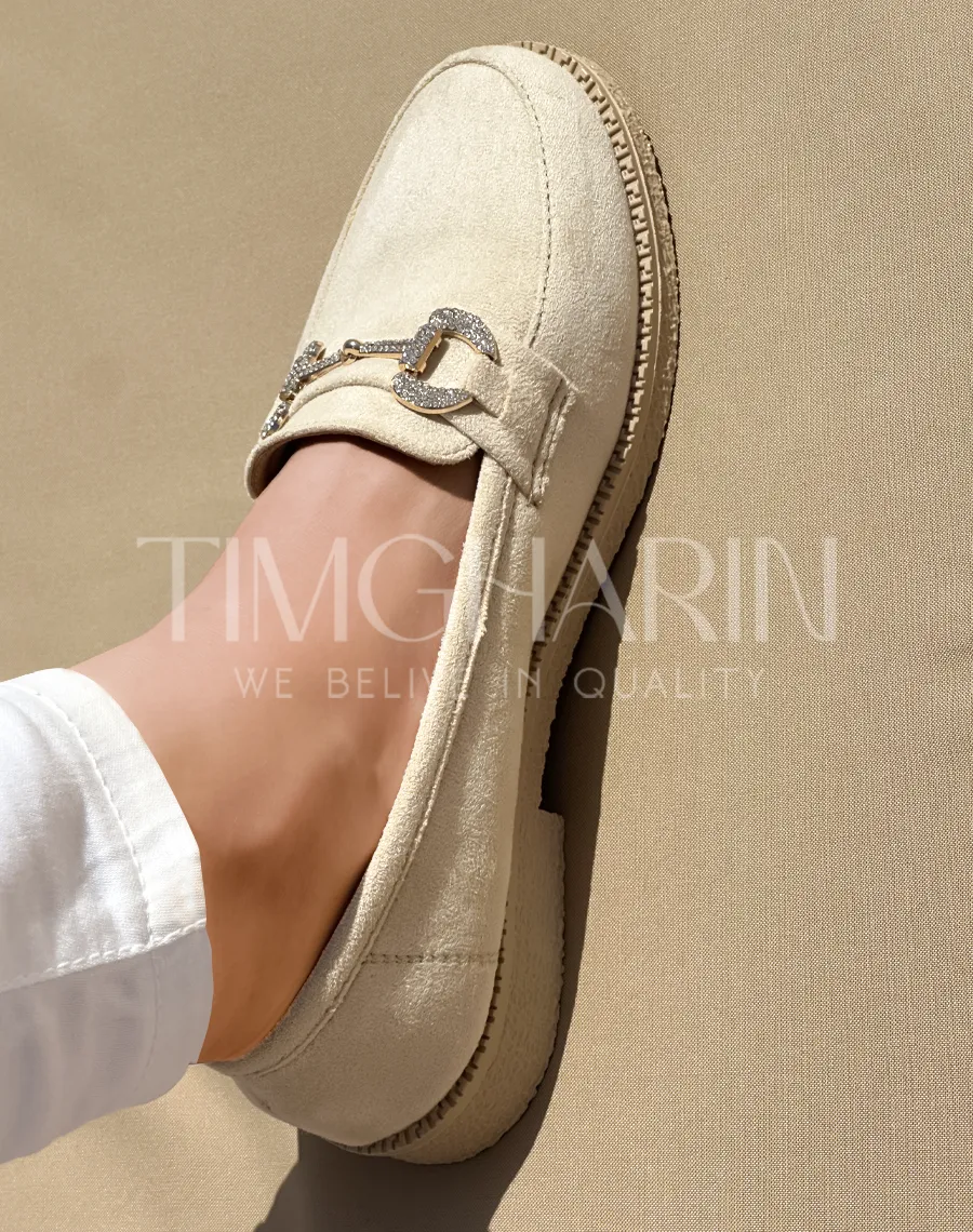 Mocassins Beiges à Strass et Semelle Confort
