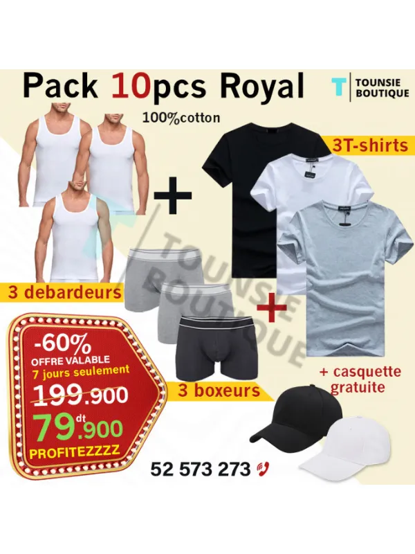 Pack Essentiels 10 pièces Pack 3 Débardeurs & 3 Boxeurs & 3 T-shirts noir & blanc & gris 100% coton + 1 casquette gratuite