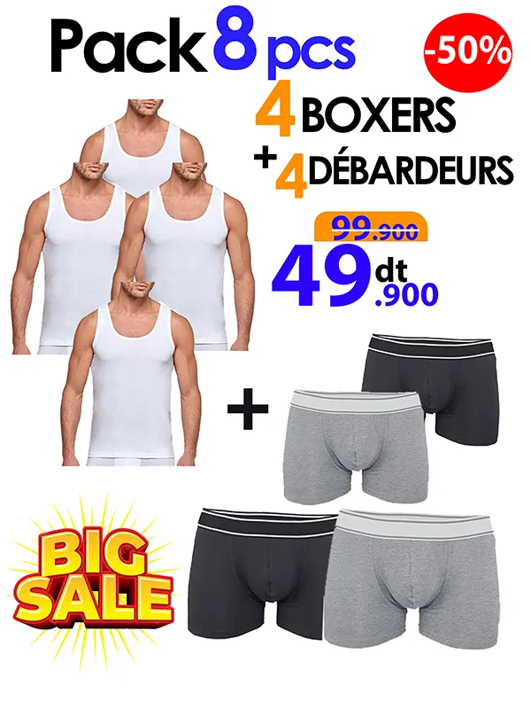 PROMOTION: Pack Essentiels 8 pièces – 4 BOXERS 100% COTON + 4DÉBARDEURS 100% COTON