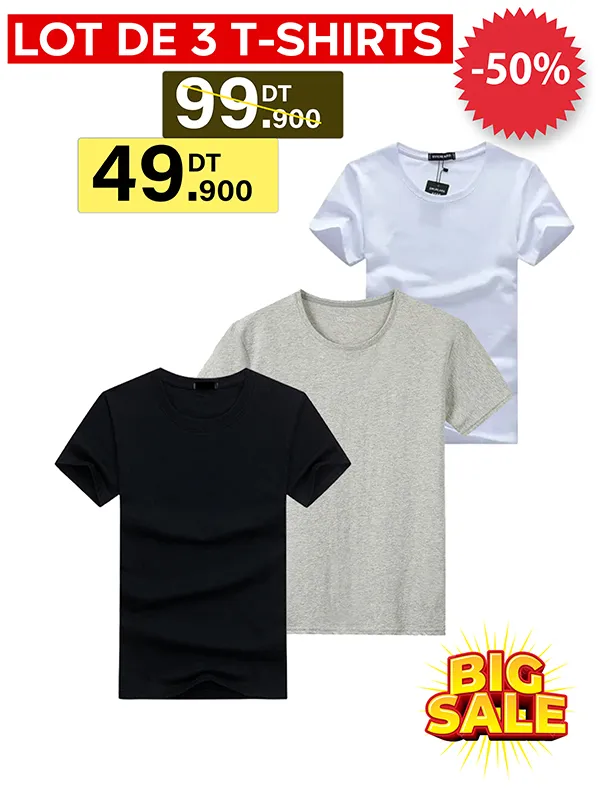 OFFRE EXCLUSIVE LOT DE 3 T-SHIRTS UNISEXE 100% COTON ( gris, noir, blanc )