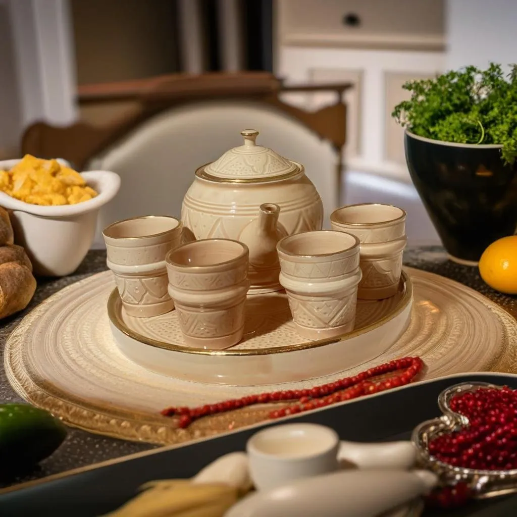 traditional moroccan Tea Set in Beige and Gold Ceramic)