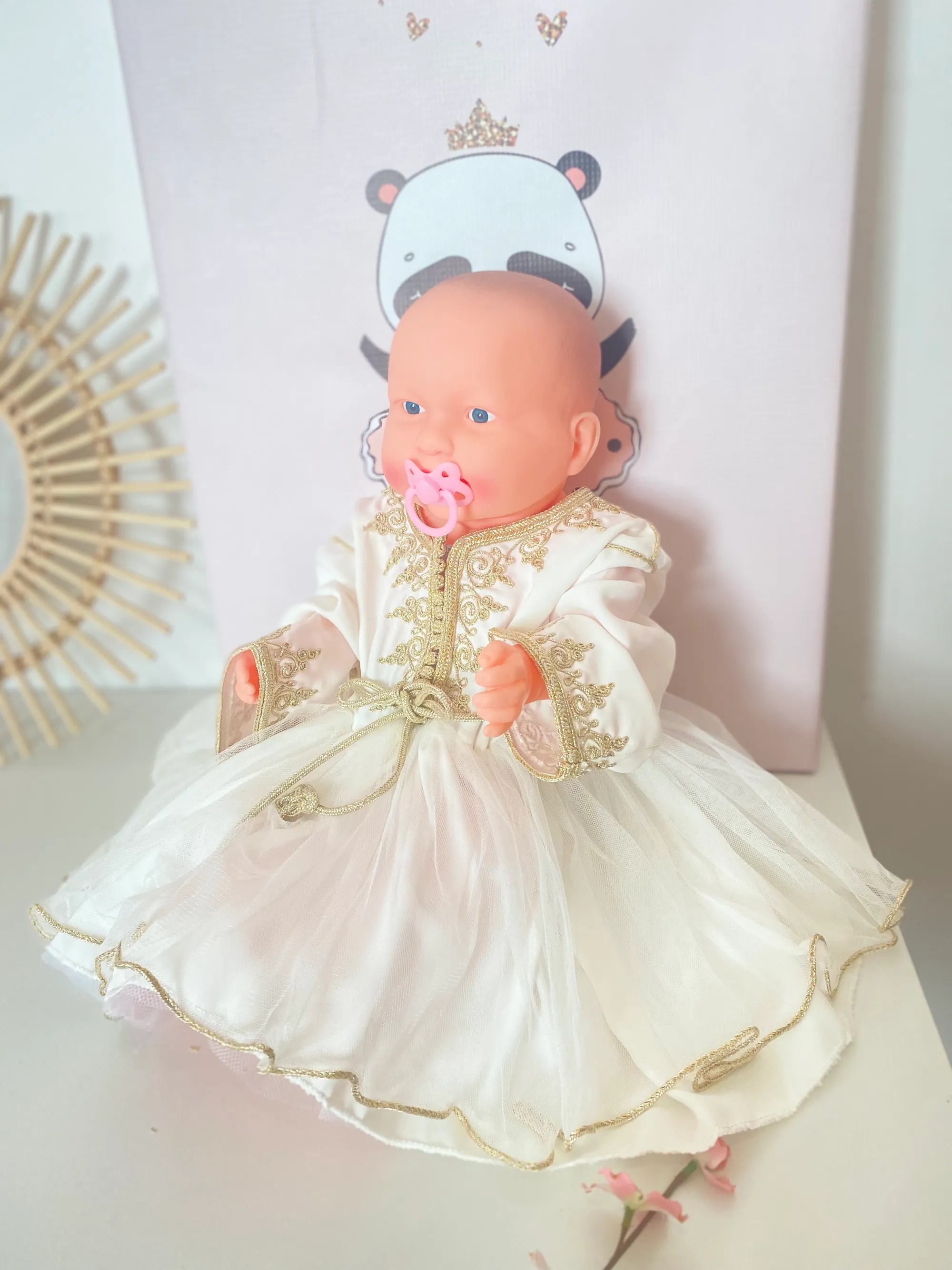 Caftan robe blanc cassé fille avec tulle – Tenue cérémonie, baptême ou anniversaire