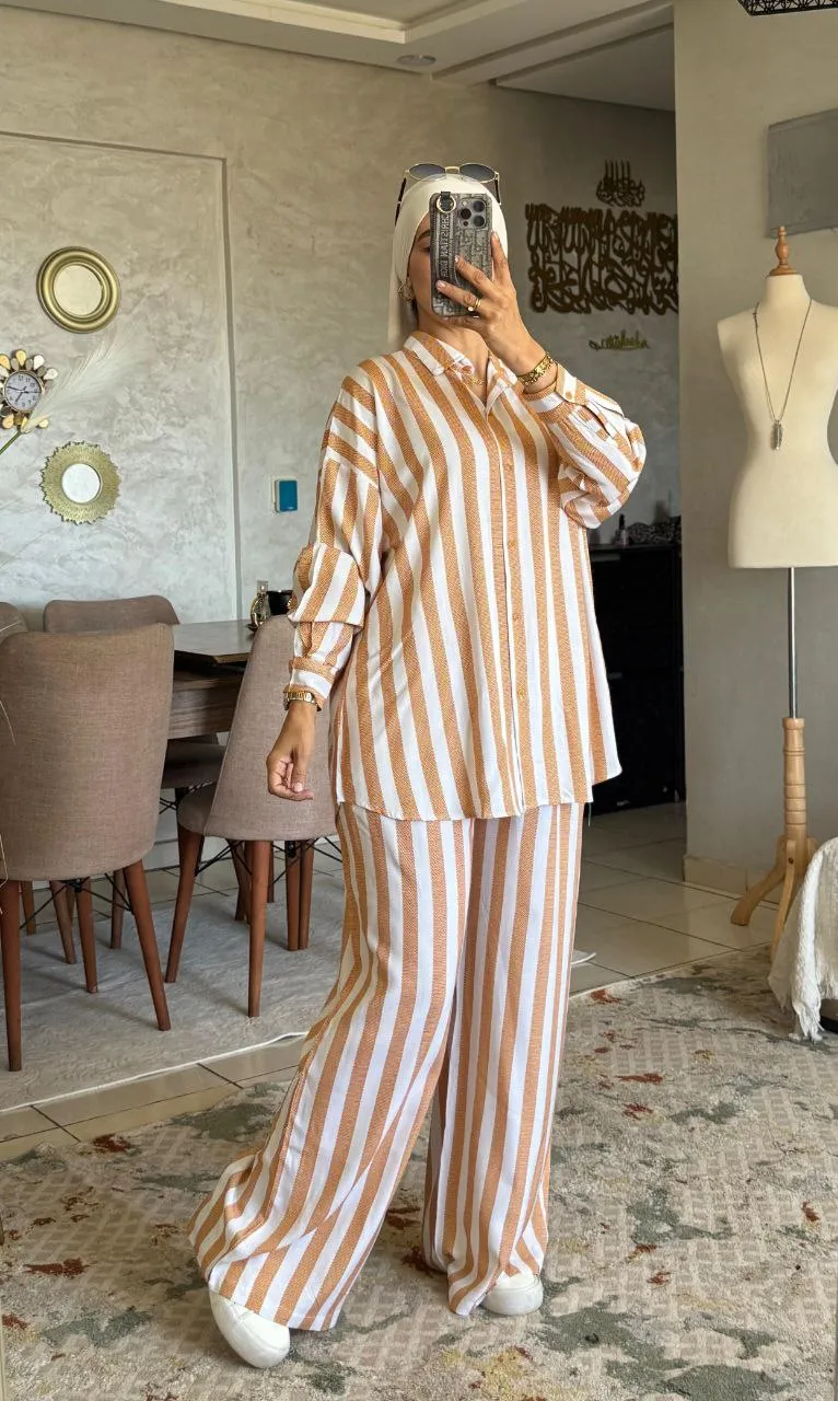 Ensemble Rayé Femme Été – Chemise & Pantalon Large en Coton Léger
