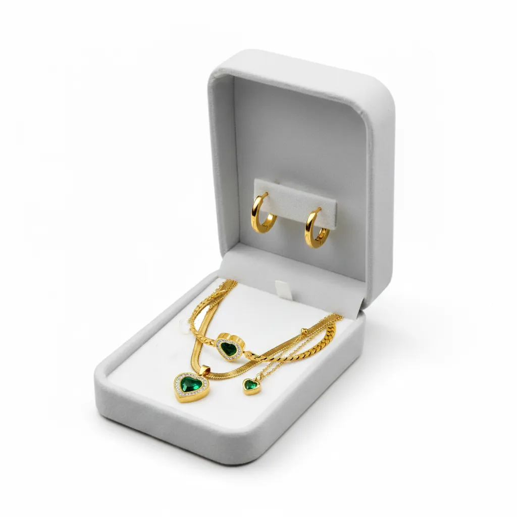 💎Parure Cœur Émeraude Vert Plaqué Or 18K