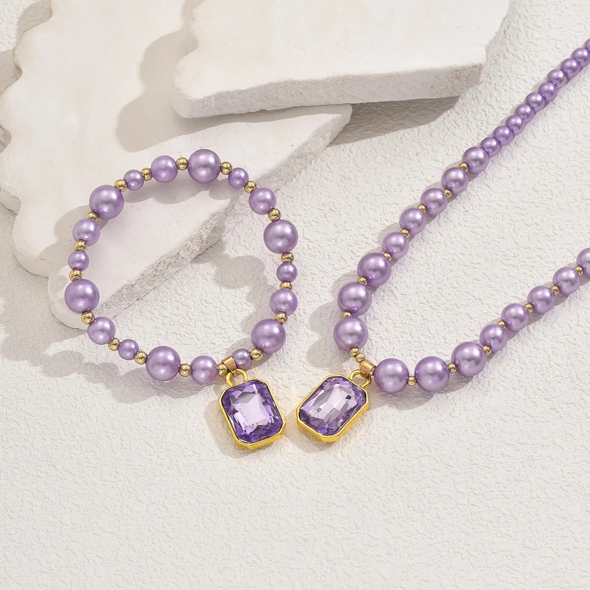 COLLIER À PENDENTIF EN ZIRCONE SERTI DE PERLES VIOLETTES BRACELET PLAQUÉ OR 18