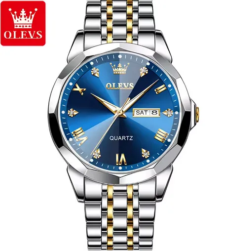OLEVS Watch for Men Original Quartz Waterproof Male Wristwatch Stainless Steel Rhombus Mirror Date Week Luxury Man Watches Clock