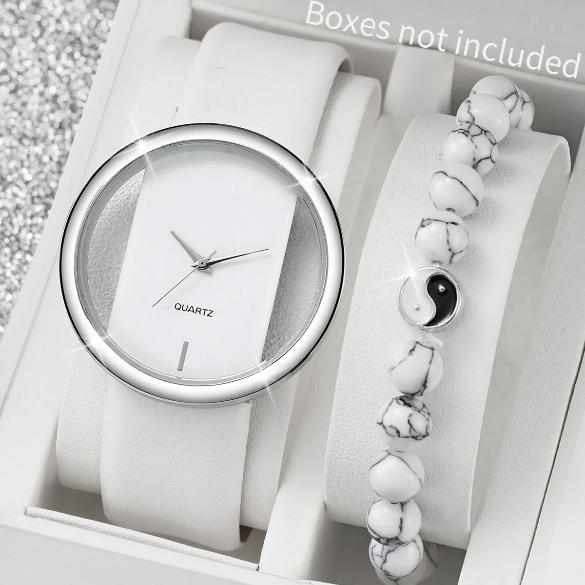 Quartz Watch Women Casual Leather Band Watches Bead Bracelet Set(Without Box)