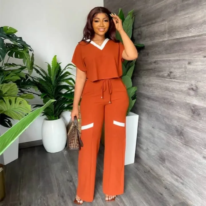 Ensemble femme  deux pièces casual chic-haut fluide col V & Pantalon élégant 